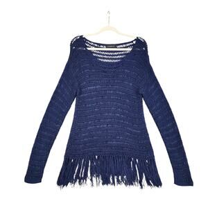 Lane Bryant‎ Womens Crochet Knit Fringe Sweater Plus Size 14/16 Navy Blue Boho